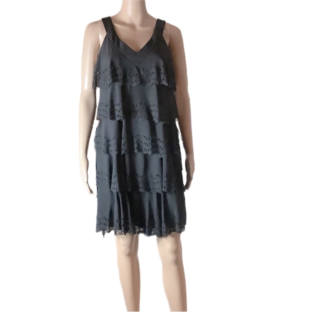 NWT SL Fashions Black V-Neck Perforated Tier Dress US 6 Misses